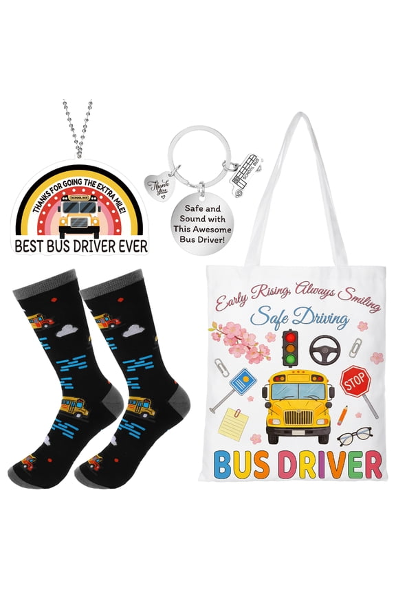 4 Pcs Bus Driver Appreciation Gift Set with Canvas Tote Bag, Keychain, Pendant and Socks, Thank You Gift for Bus Drivers, Retirement Gift, Appreciation Event, Holiday Recognition Present