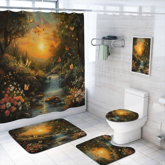 4 Pcs Butterflies Shower Curtain Set with Rugs,Toilet Lid Cover, Bath Mat Beautiful Flowers Forest Butterfly Sunset Bathroom Decor Sets Accessories with 12 Hooks