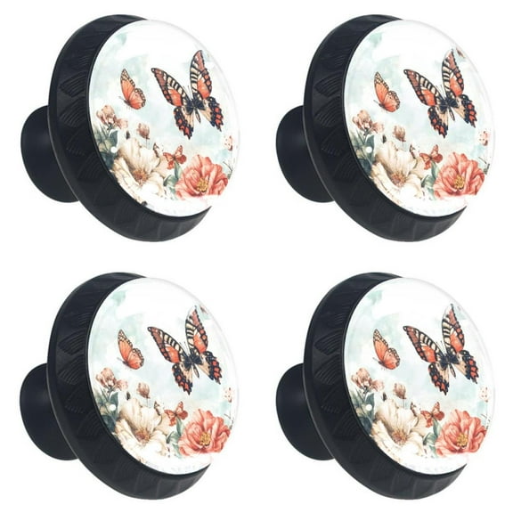 4 Pcs Butterfly on Hibiscus Print Cabinet Knobs 30mm Round Crystal Glass Drawer Handles Pulls with Screws for Kitchen Cupboard Wardrobe Closet Dresser, Home&Office