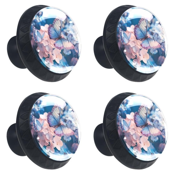4 Pcs Butterfly on Hydrangea Flower Print Cabinet Knobs 30mm Round Crystal Glass Drawer Handles Pulls with Screws for Kitchen Cupboard Wardrobe Closet Dresser, Home&Office