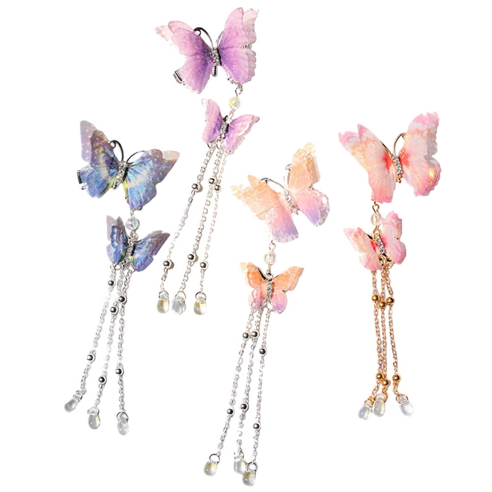 4 Pcs Butterfly Side Clip Butterflies Clips Hair for Girls Barrettes Aldult Tassel Women Child