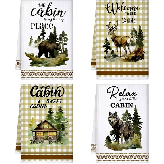 4 Pcs Cabin Kitchen Towels Set 23. 6 x 16 Inches Wildlife Deer Bear Dish Towels Log Rustic Cabin Decor Soft Absorbent Hand Tea Dishcloth for Home Kitchen Bathroom Farmhouse Campers