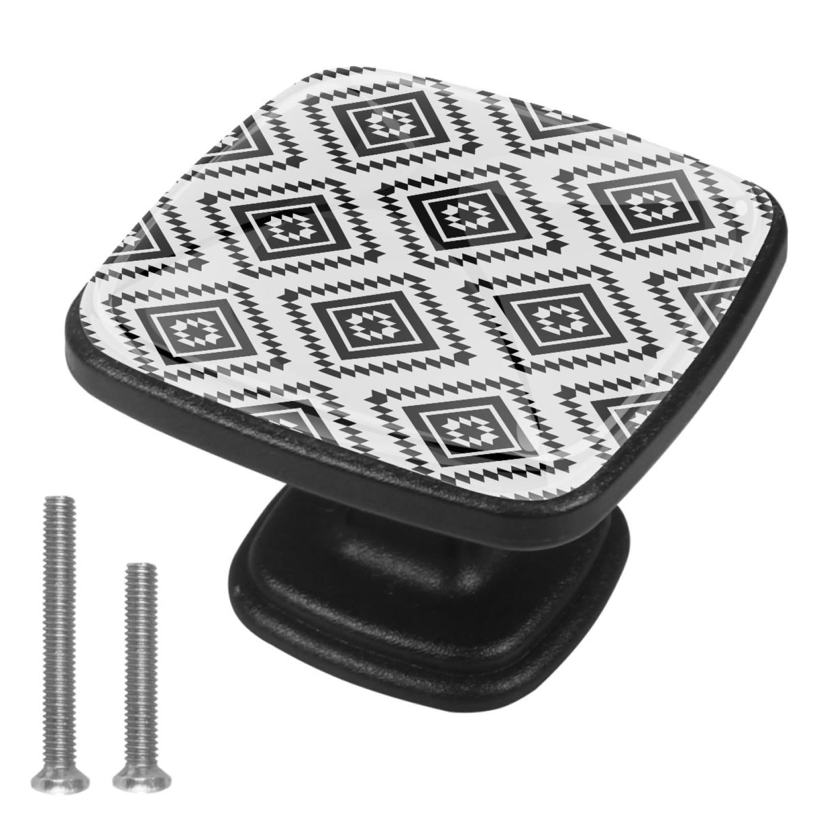 4 Pcs Cabinet Handle Drawer Pulls Black and White Tribal Knobs with Screws Square Furniture Office Cabinet Knob Decoration