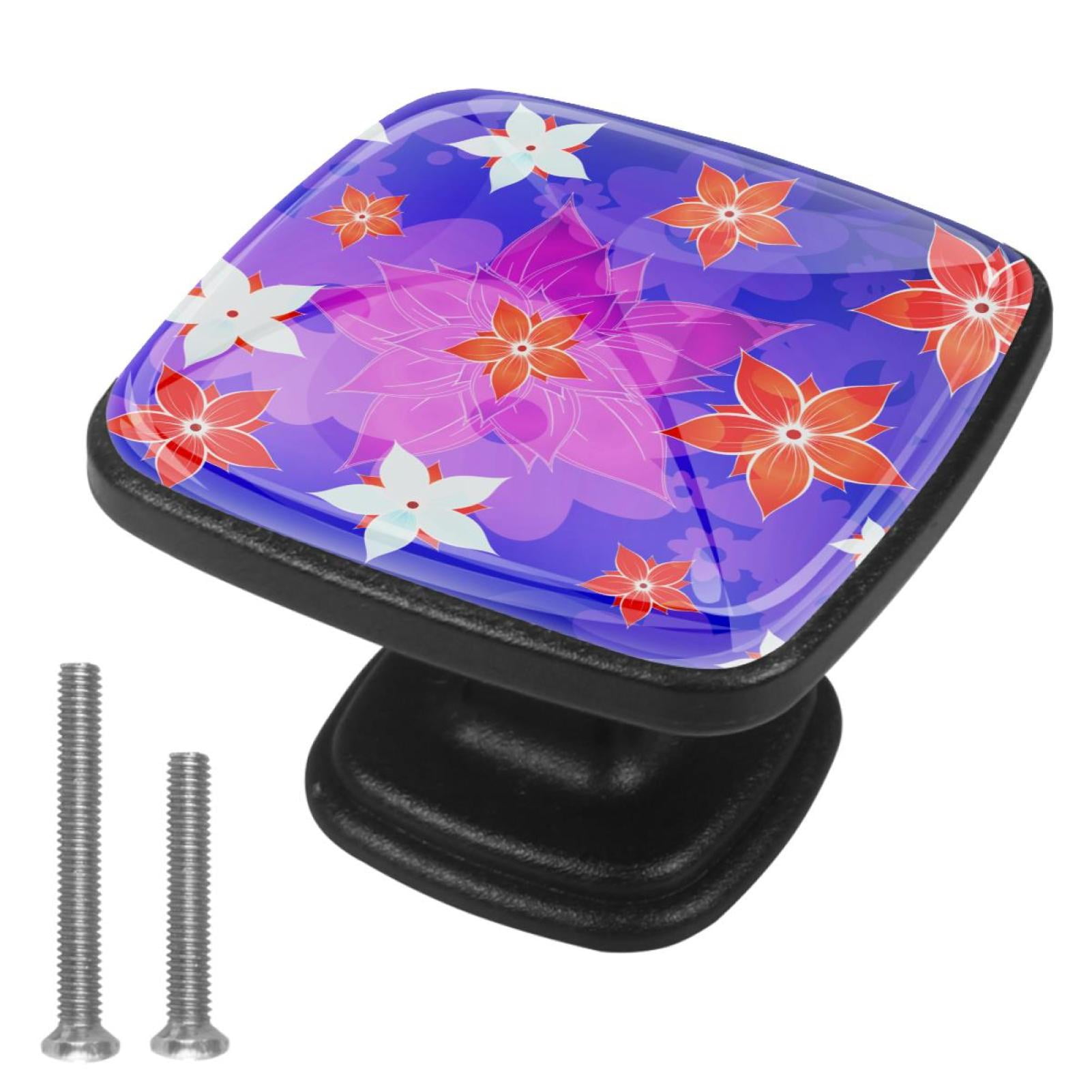 4 Pcs Cabinet Handle Drawer Pulls Blue Floral Flower Knobs with Screws Square Furniture Office Cabinet Knob Decoration