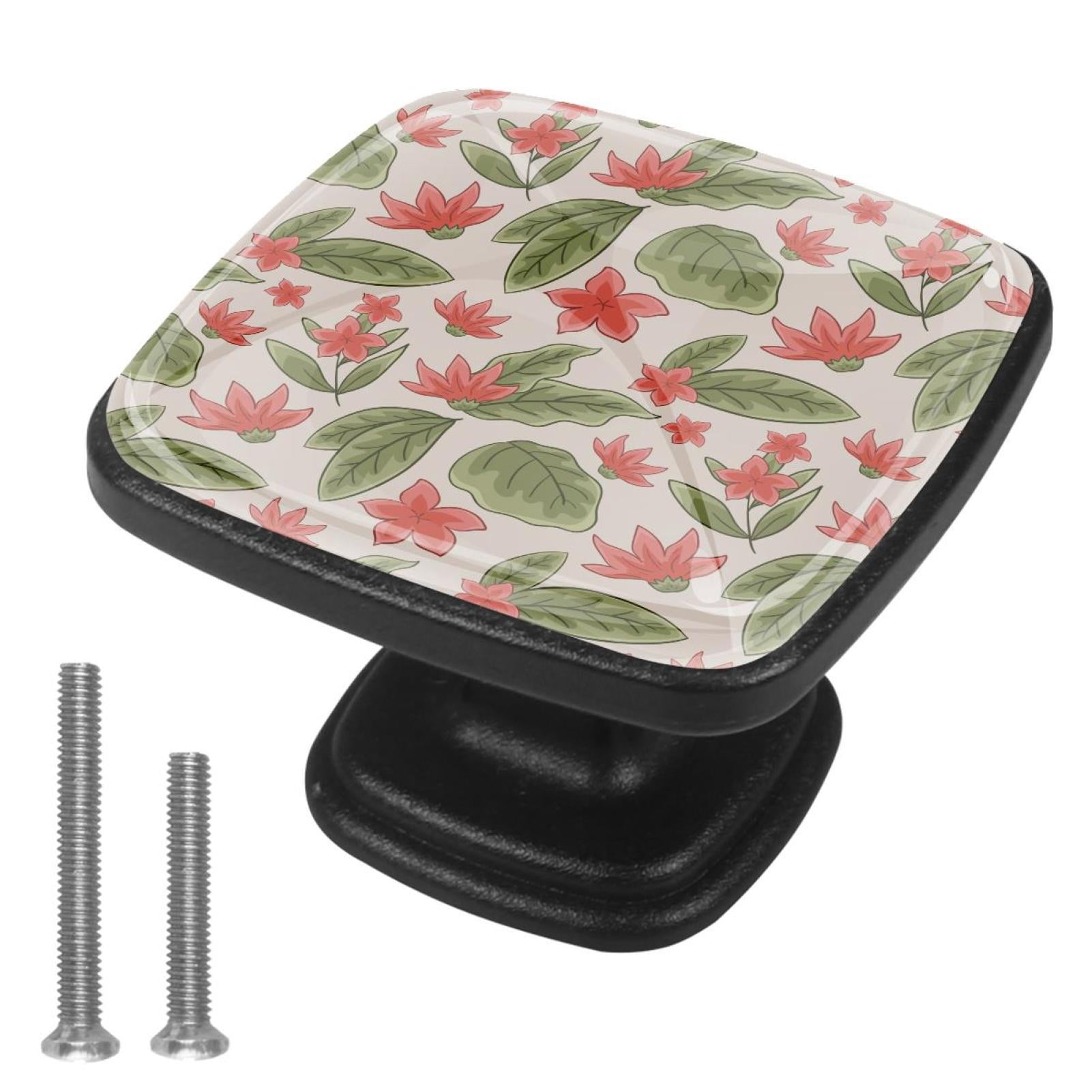 4 Pcs Cabinet Handle Drawer Pulls Botanical Flowers Leaves Knobs with Screws Square Furniture Office Cabinet Knob Decoration