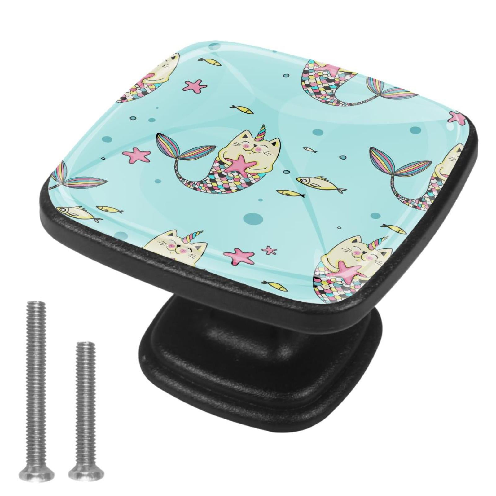 4 Pcs Cabinet Handle Drawer Pulls Cat Mermaid Blue Knobs with Screws Square Furniture Office Cabinet Knob Decoration