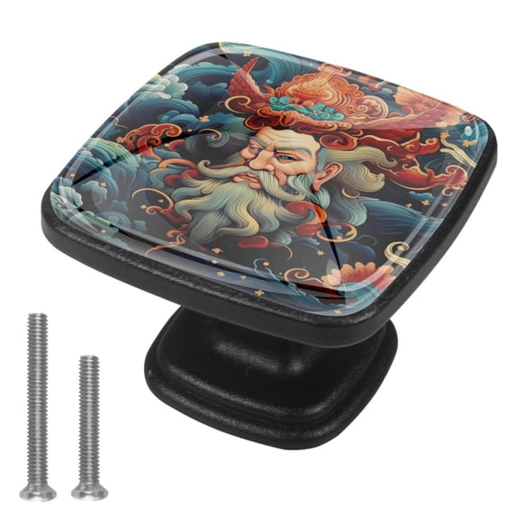 4 Pcs Cabinet Handle Drawer Pulls Chinese God of Wealth Knobs with Screws Square Furniture Office Cabinet Knob Decoration