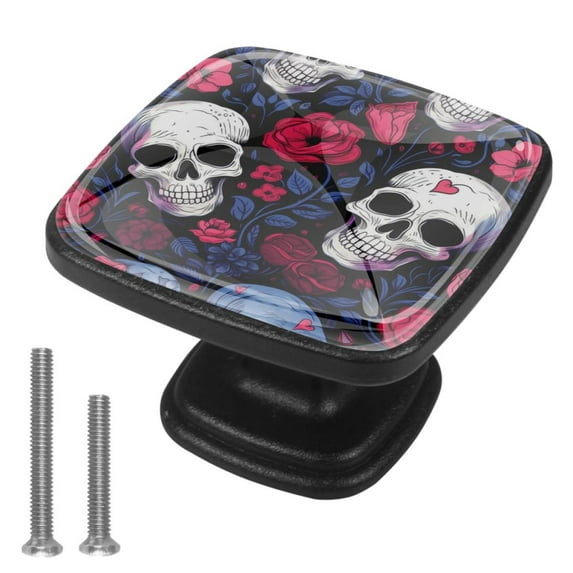 4 Pcs Cabinet Handle Drawer Pulls Couple Skulls Knobs with Screws Square Furniture Office Cabinet Knob Decoration