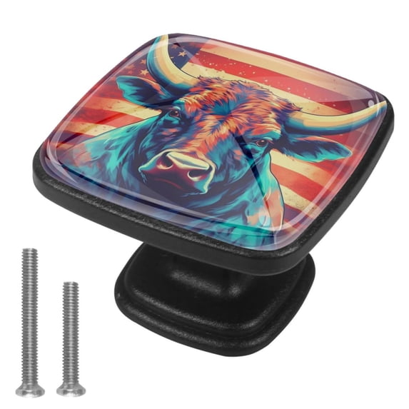 4 Pcs Cabinet Handle Drawer Pulls Cow American Flag Knobs with Screws Square Furniture Office Cabinet Knob Decoration