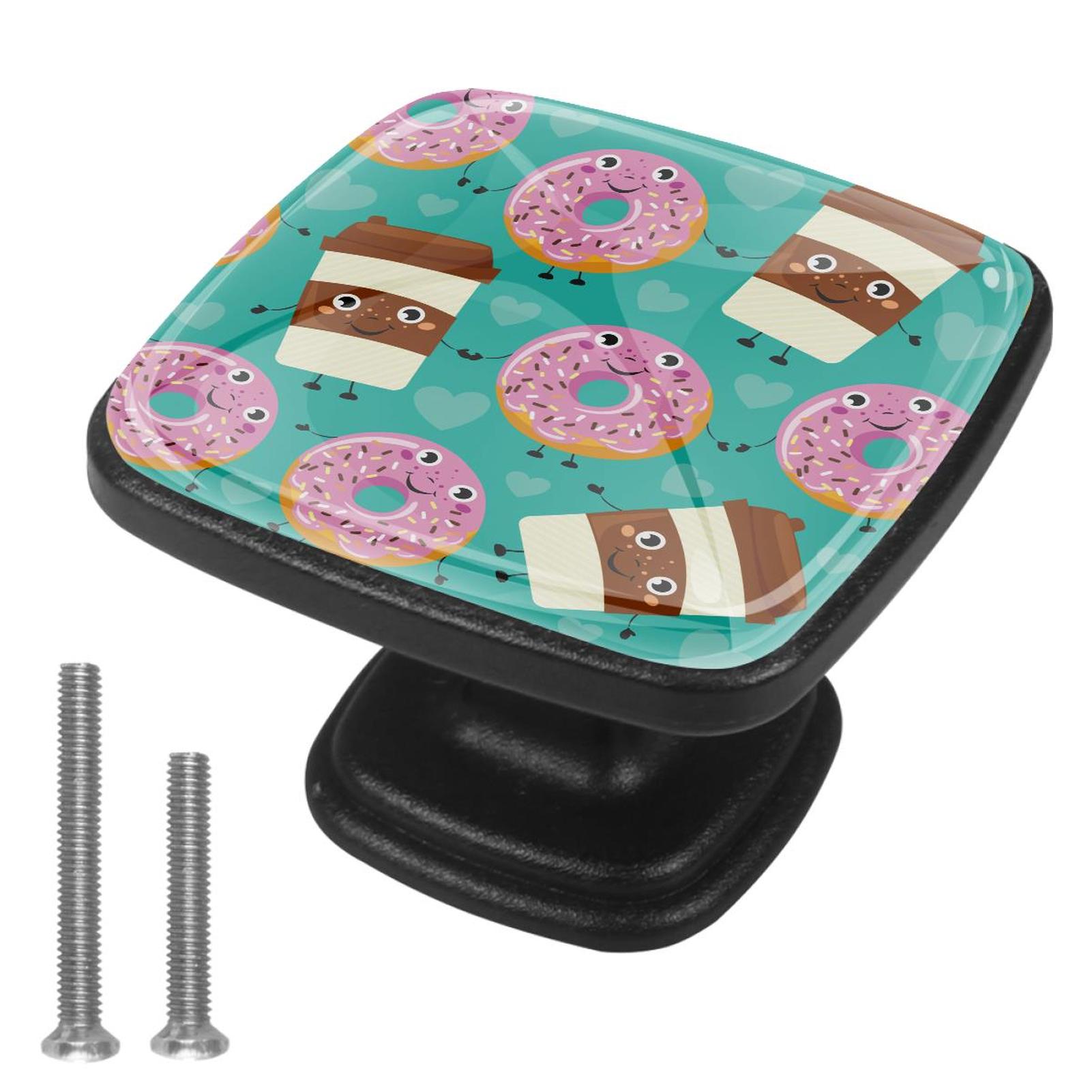 4 Pcs Cabinet Handle Drawer Pulls Donut Drinks Coffee Knobs with Screws Square Furniture Office Cabinet Knob Decoration