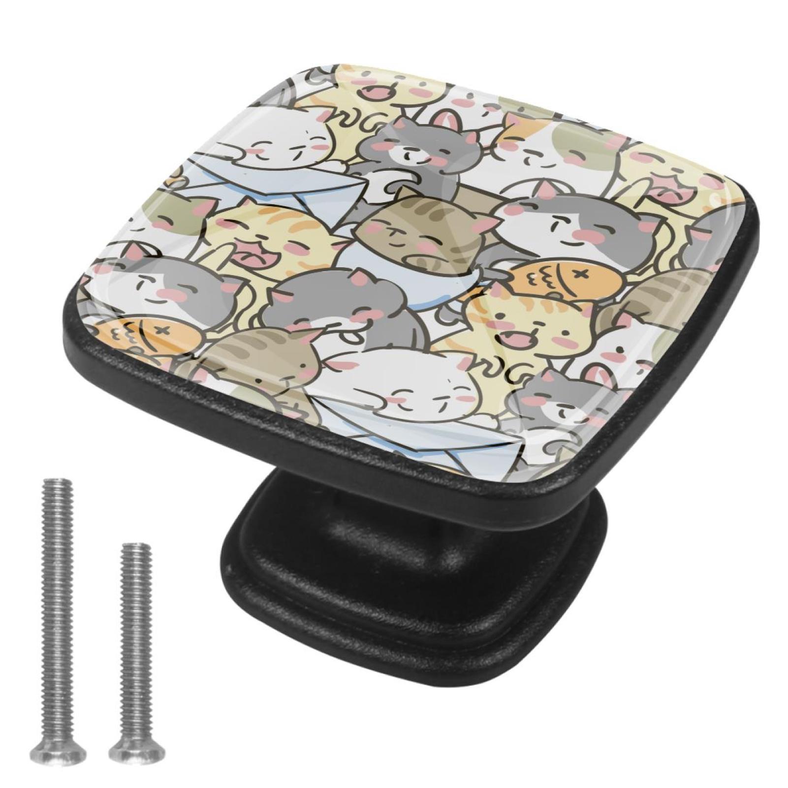 4 Pcs Cabinet Handle Drawer Pulls Doodle Cute Little Cat Knobs with ...
