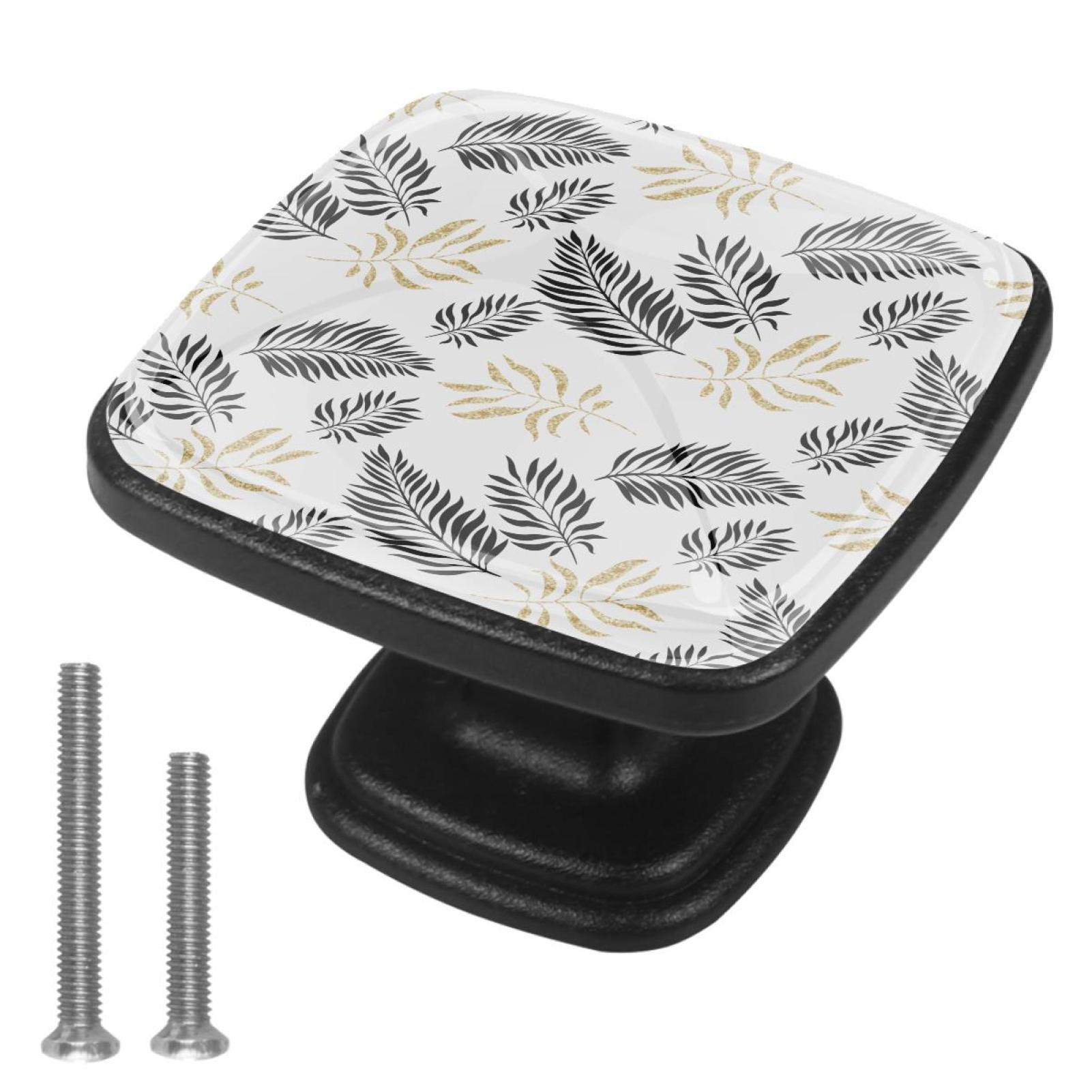 4 Pcs Cabinet Handle Drawer Pulls Gold Tropical Leaves Knobs with Screws Square Furniture Office Cabinet Knob Decoration