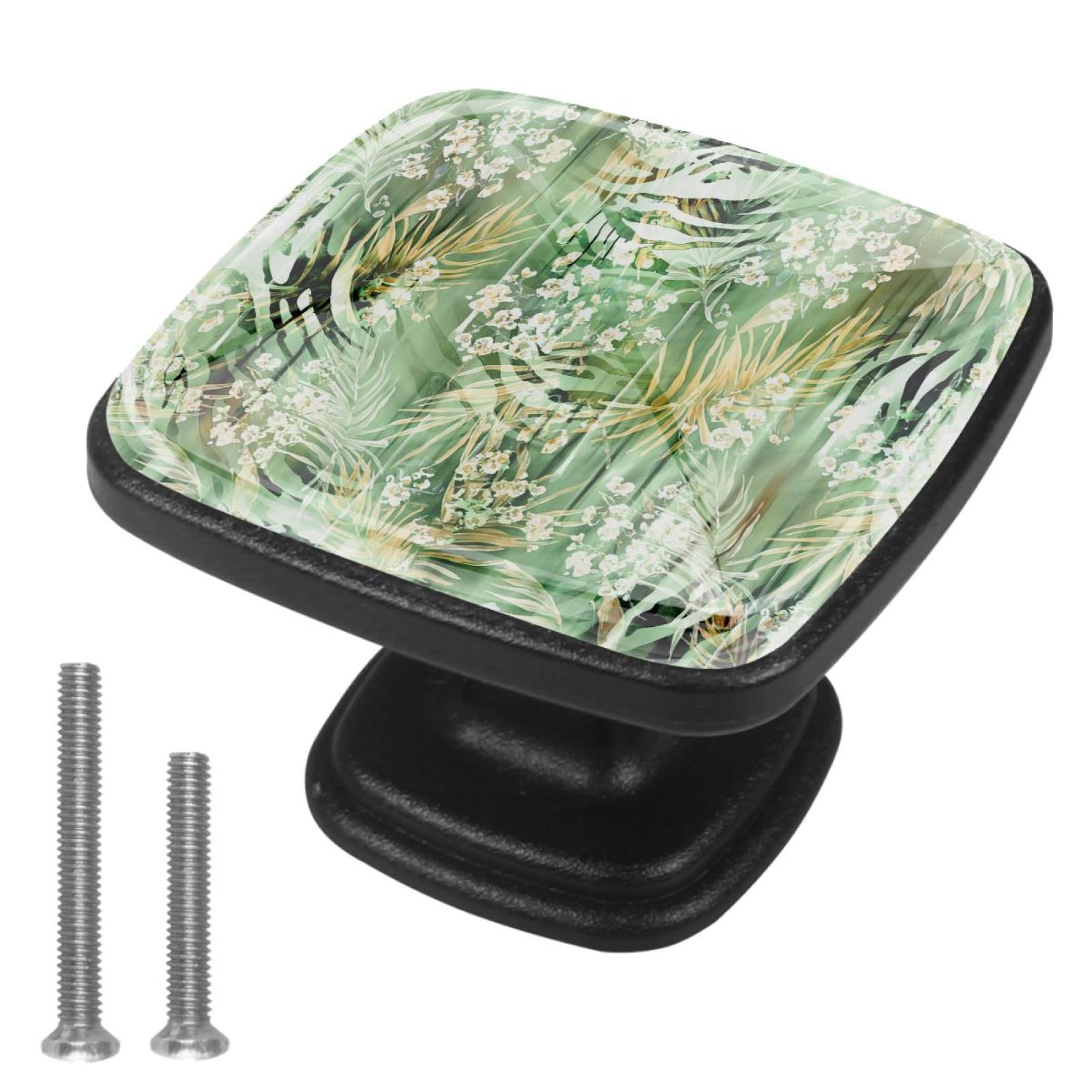 4 Pcs Cabinet Handle Drawer Pulls Green Leaves Pattern Knobs with Screws Square Furniture Office Cabinet Knob Decoration
