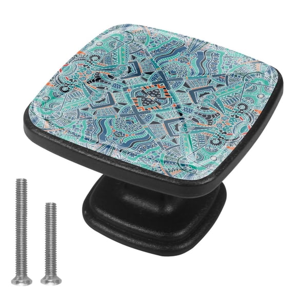 4 Pcs Cabinet Handle Drawer Pulls Mandala Boho Indian Knobs with Screws Square Furniture Office Cabinet Knob Decoration