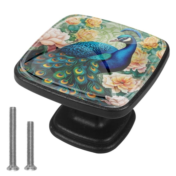 4 Pcs Cabinet Handle Drawer Pulls Peacock Knobs with Screws Square Furniture Office Cabinet Knob Decoration