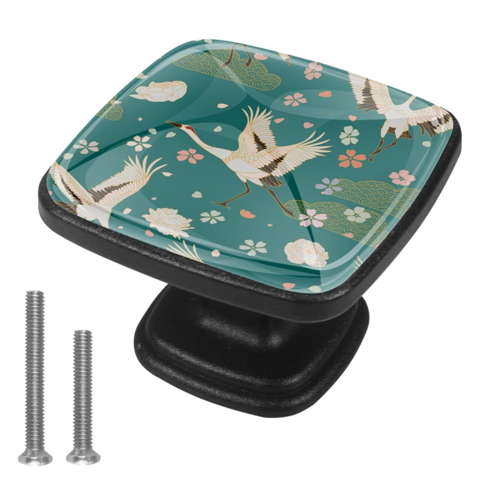 4 Pcs Cabinet Handle Drawer Pulls Red-Crowned Crane Knobs with Screws Square Furniture Office Cabinet Knob Decoration