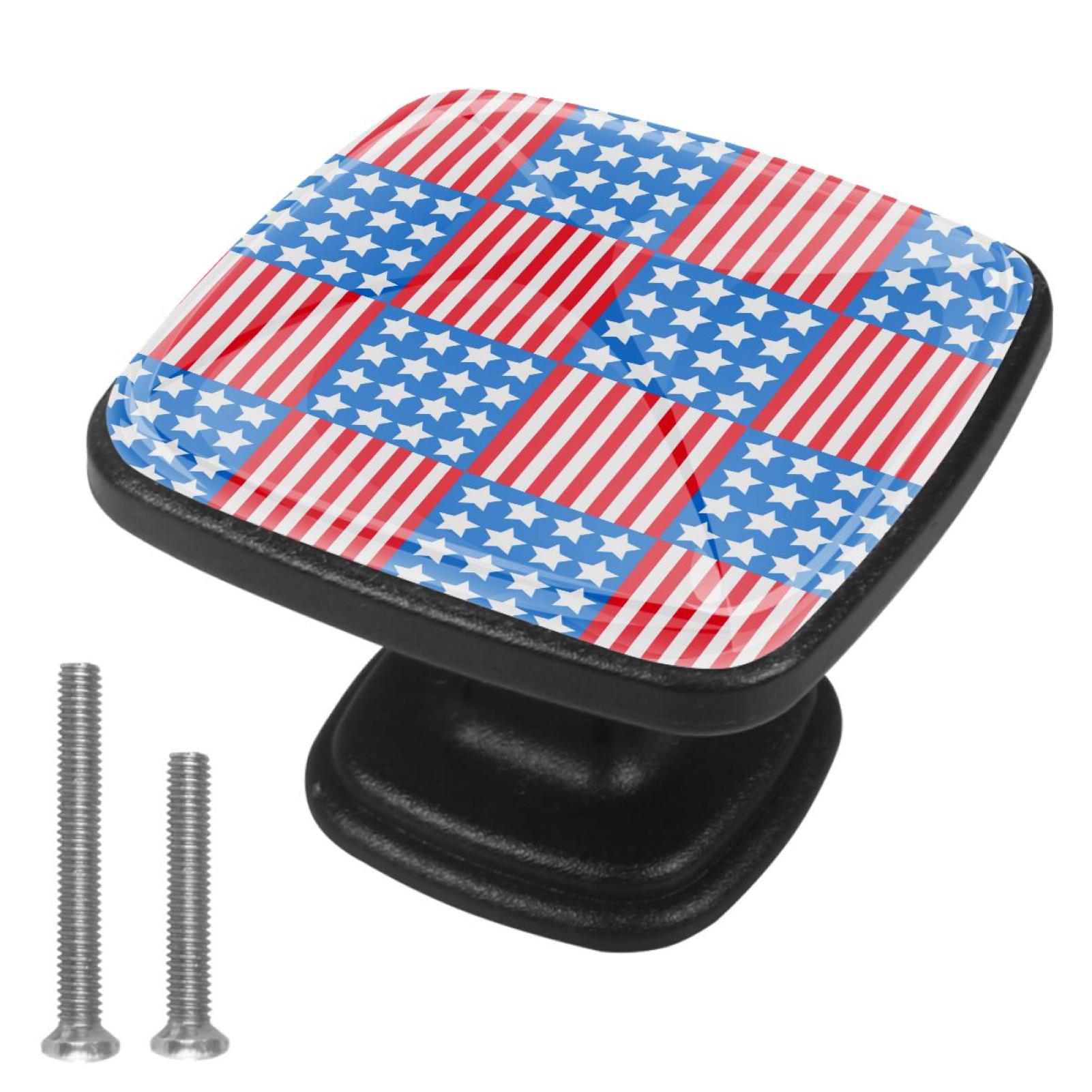 4 Pcs Cabinet Handle Drawer Pulls Red Stripes Blue White Stars Knobs with Screws Square Furniture Office Cabinet Knob Decoration