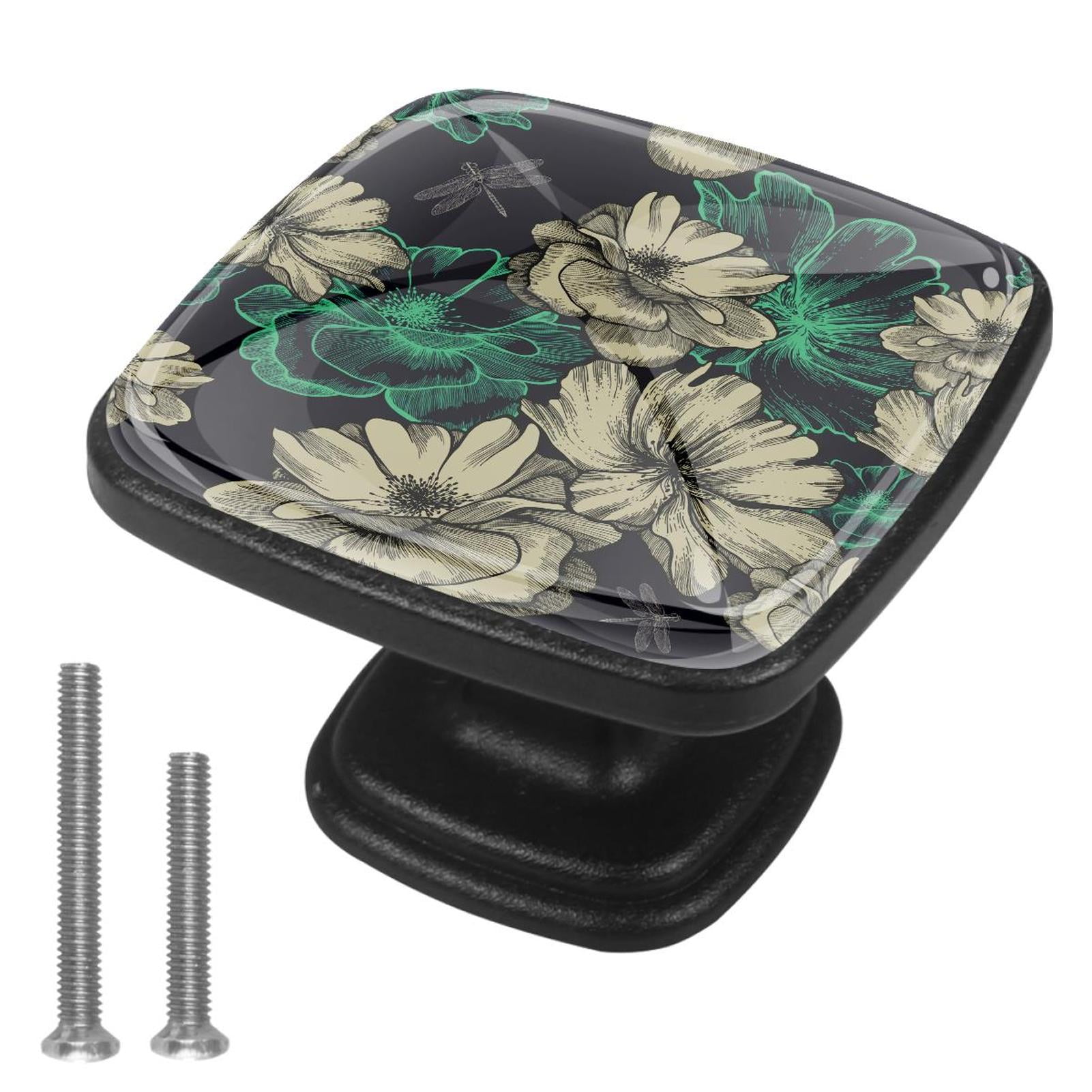 4 Pcs Cabinet Handle Drawer Pulls Roses Dragonflies Knobs with Screws Square Furniture Office Cabinet Knob Decoration
