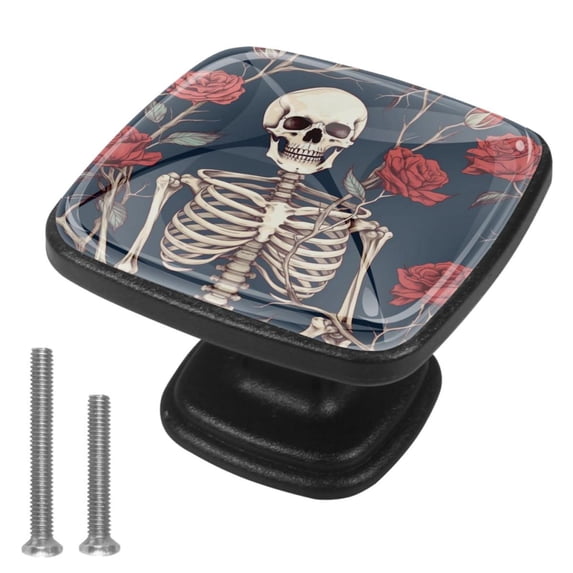 4 Pcs Cabinet Handle Drawer Pulls Roses and Skull Knobs with Screws Square Furniture Office Cabinet Knob Decoration
