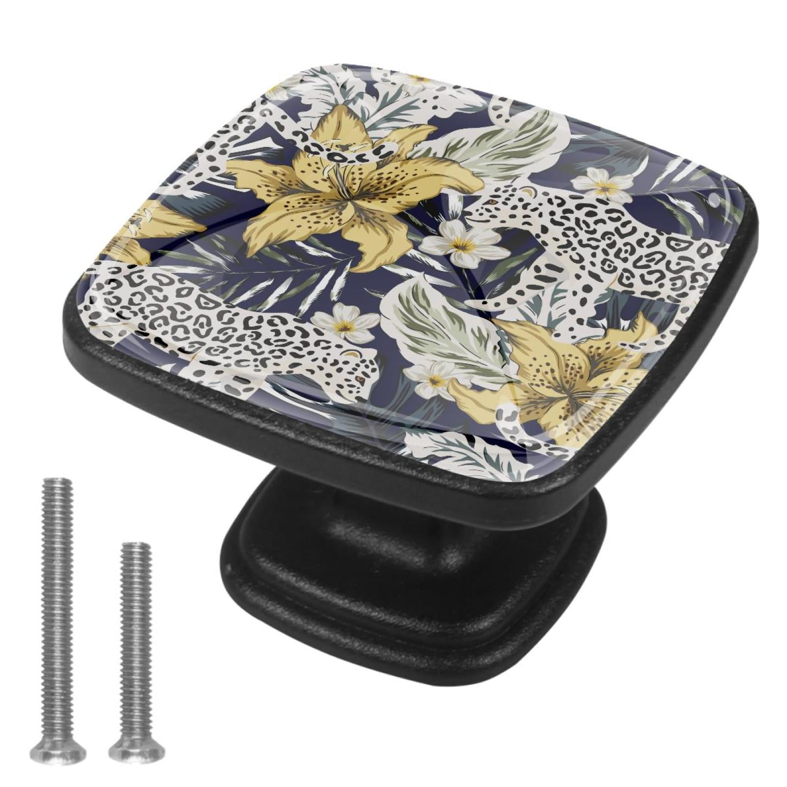 4 Pcs Cabinet Handle Drawer Pulls Tropical Leaves Floral Knobs with Screws Square Furniture Office Cabinet Knob Decoration