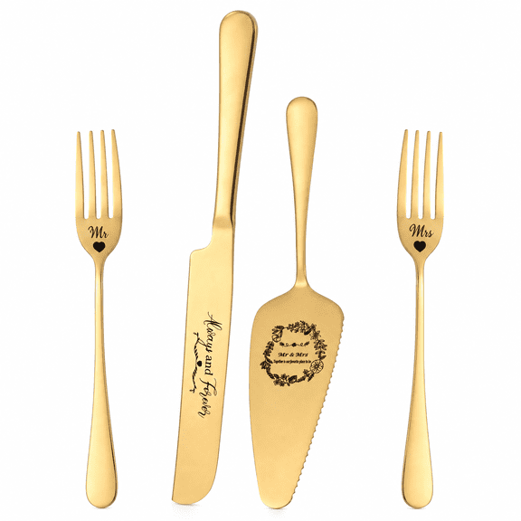 4 Pcs Cake Cutting Set Wedding Cake Knife Cutter and Server Set Golden or Silver Stainless Steel Forks Serving Utensils for Party Dessert Bride Groom Anniversary Bridal Shower Couple Slice Inch