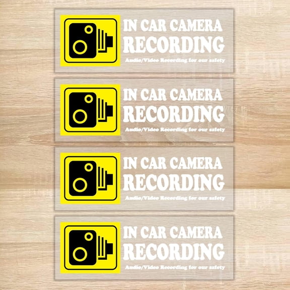 4 Pcs Camera Audio Video Recording Window Cars Stickers, In Car Camera Recording Sticker For Rideshare, Van, Truck, Taxi, Maxi Cab, Bus, Coach Drivers, Yellow 2 x 6 inch, Adhesive Window Decal