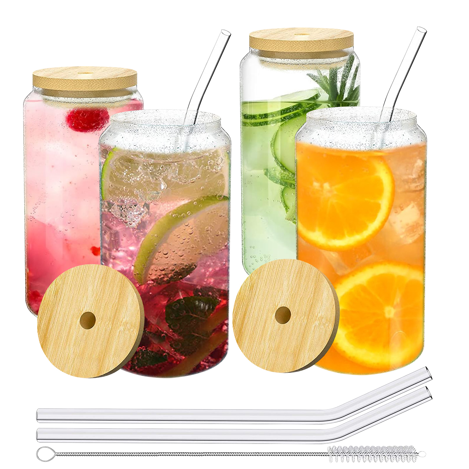 4 Pcs Can Shaped Glass Cups with Bamboo Lids, 16oz Drinking Glasses ...