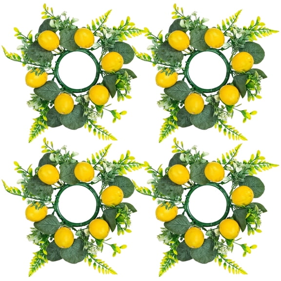 4 Pcs Candle Ring Wreaths for Table Decor - Spring Floral Lemon Candle Rings, 7.87 Inch Candles Centerpieces with Lemons, Flowers, and Leaves, Ideal for Dining, Weddings, and Seasonal Decor