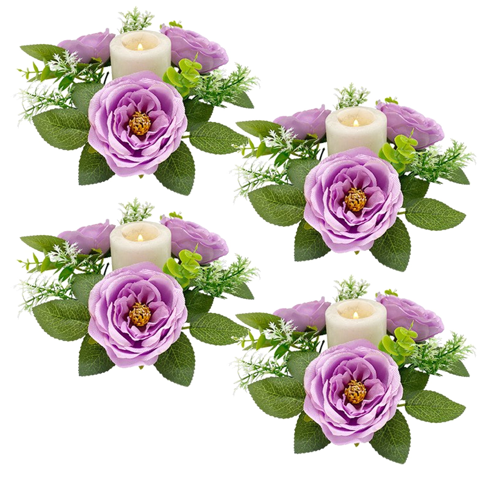 4 Pcs Candle Rings Wreaths Artificial Floral Wreaths With Green Leaves