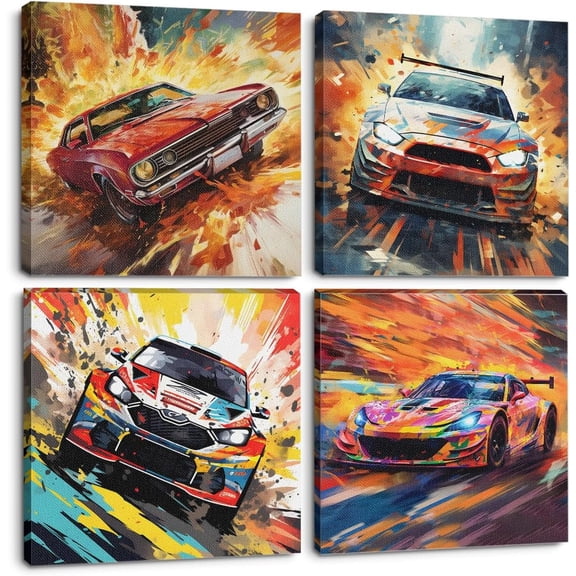 4 Pcs Car Wall Art Framed Art Race Car Wall Decor Car Gifts Garage Decor Racing Car Canvas Print Art Decorative Painting Country Room Decor for Home Farmhouse Bedroom Kitchen Library Office-3