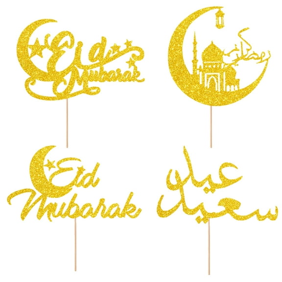4 Pcs Card for Eid Al-Fitr Home Decor Party Cake Flags Toppers for Cake Goldendoodle Muslim Party Decors Moon Cake Picks