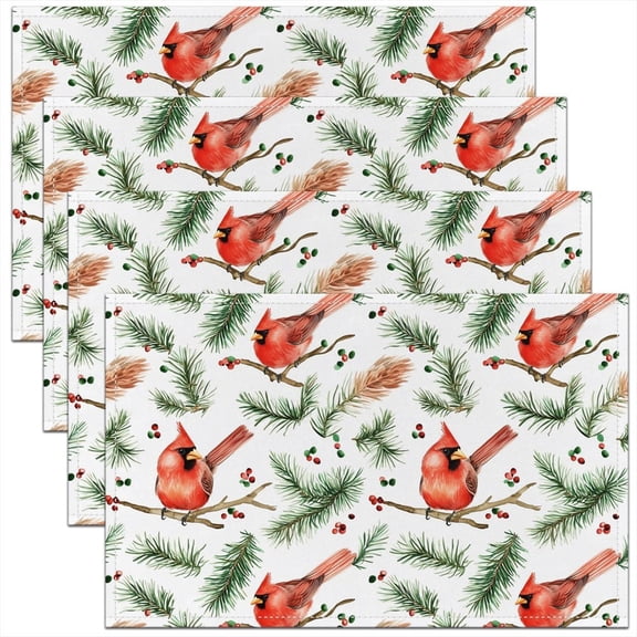 4 Pcs of Cardinal Bird 12X18 Inch Placemats, Christmas Decor Place Mats, Tree Branches Red Berry Table Mats, Wildlife Bird Waterproof Placemats for Dining Table
