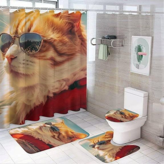 4 Pcs Cartoon Cat Shower Curtain Sets,Modern Brown Animal Glam Bathroom Set Shower Curtain Set with Rugs and Accessories,Bathroom Decor with Bath Mats Toilet Lid Cover