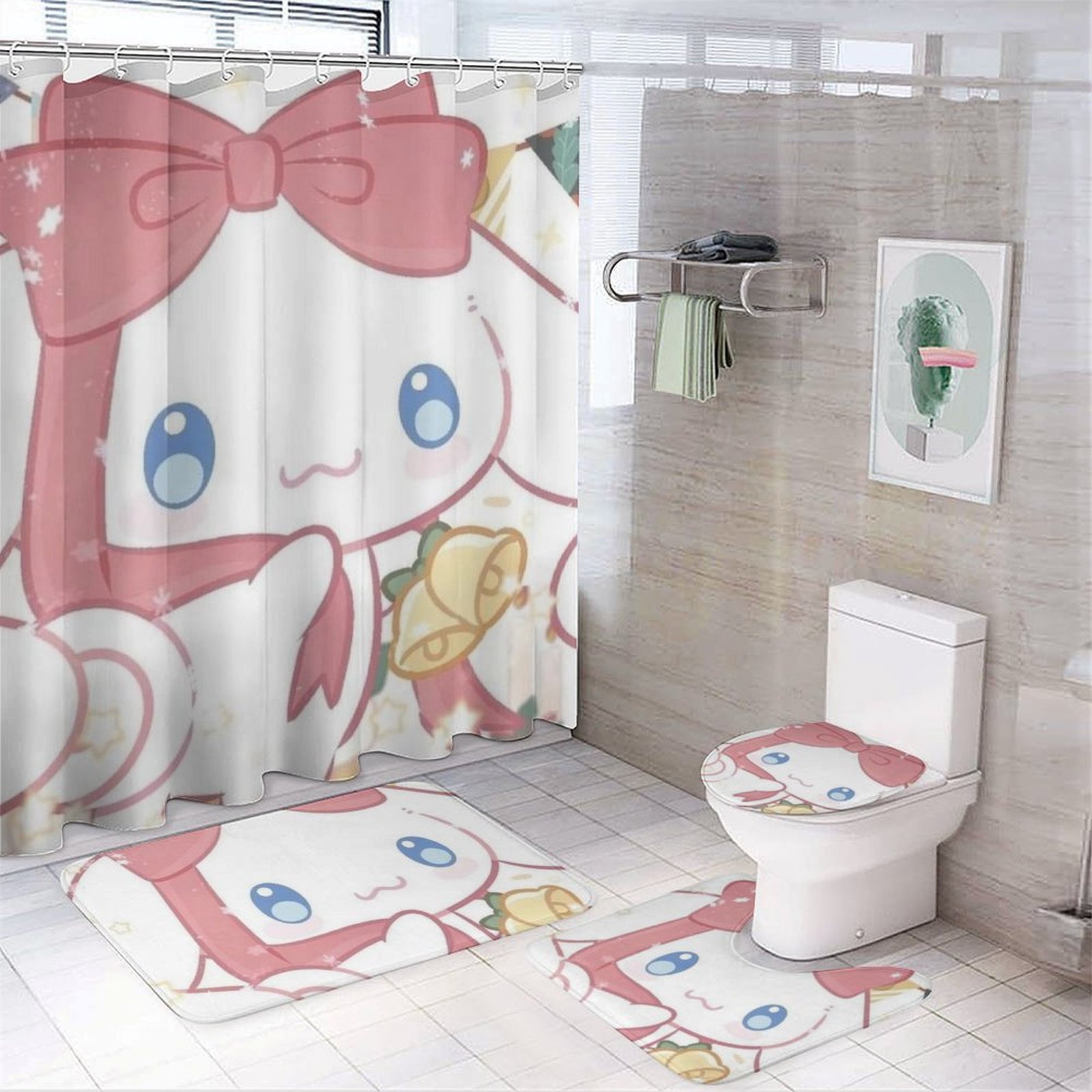 Cartoon Elephant Shower Curtain Set – 4-Piece Bathroom Decor With Rug, Mat & Lid Cover, Yellow Sunflower Duck Design
