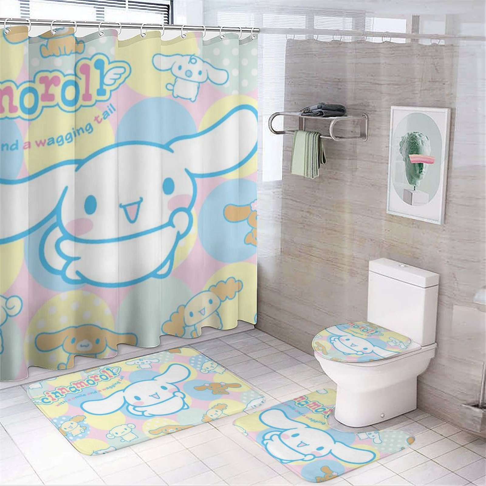 Cartoon Elephant Shower Curtain Set – 4-Piece Bathroom Decor With Rug, Mat & Lid Cover, Yellow Sunflower Duck Design