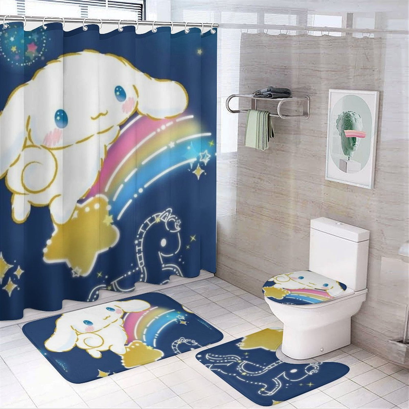 4 Pcs Cartoon Cinnamorolll Shower Curtain Set with Rugs,Toilet Lid ...