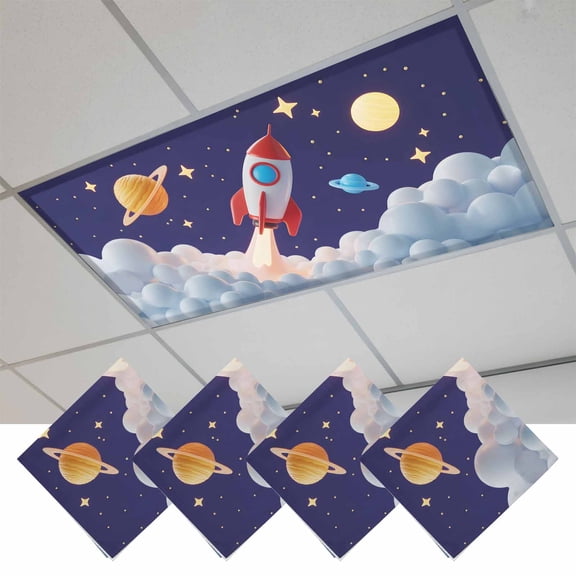 4 Pcs Cartoon Rocket Fluorescent Light Covers Cloud Space Stars Cute Planet Classic Magnetic Light Covers for Ceiling Lights 4 x 2 ft Drop Ceiling Lights Cover Shade for Office, Home, Hospital