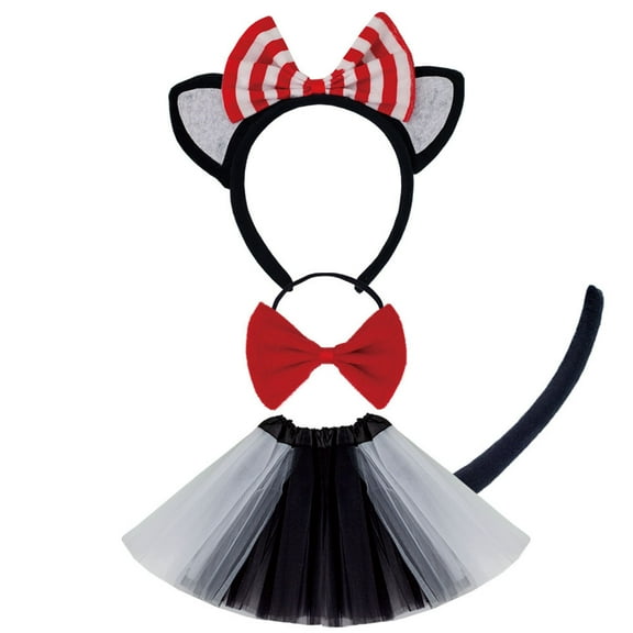 4 Pcs Cat Costume Set Red and White Stripes Headband Tutu Skirt Bowtie Tail for Girls World Book Day Dress Up