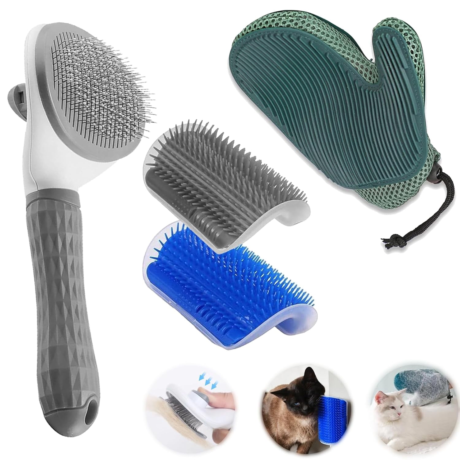 4 Pcs Cat Grooming Kit: Self-Cleaning Slicker Cat Brush, Deshedding Glove, and Cat Corner Massagers for Effortless Shedding, Detangling, and Relaxing Massage