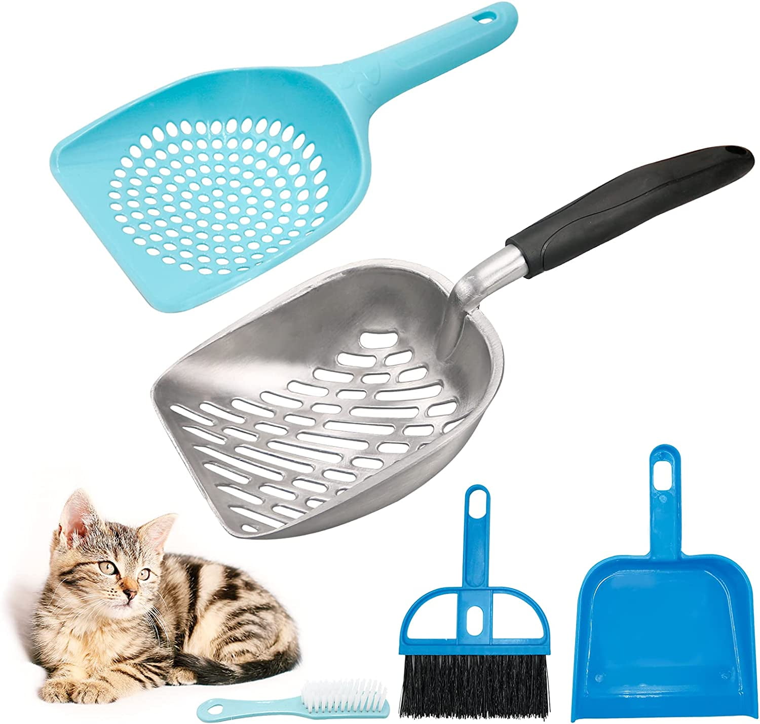 4 Pcs Cat Litter Scoop Set, Large Metal Cat Litter Scoop Long Comfy Handle Fast Sifting Deep Shovel with Small Holes Cat Poop Scoop Hand Brush Small Dustpan