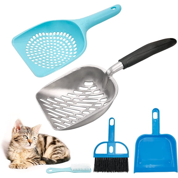 4 Pcs Cat Litter Scoop Set, Large Metal Cat Litter Scoop Long Comfy Handle Fast Sifting Deep Shovel with Small Holes Cat Poop Scoop Hand Brush Small Dustpan