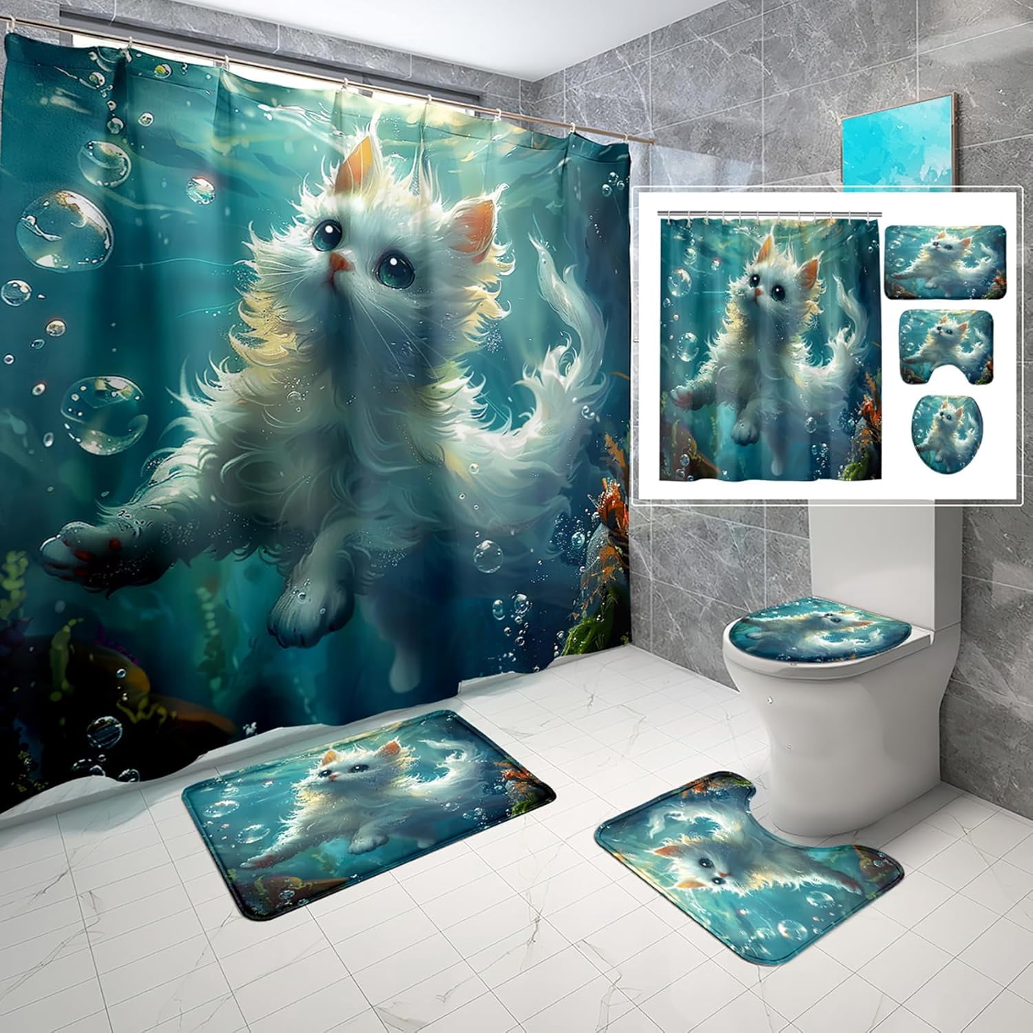4 Pcs Cat Shower Curtain Set - Funny Cat Riding Bird Shower Curtain ...