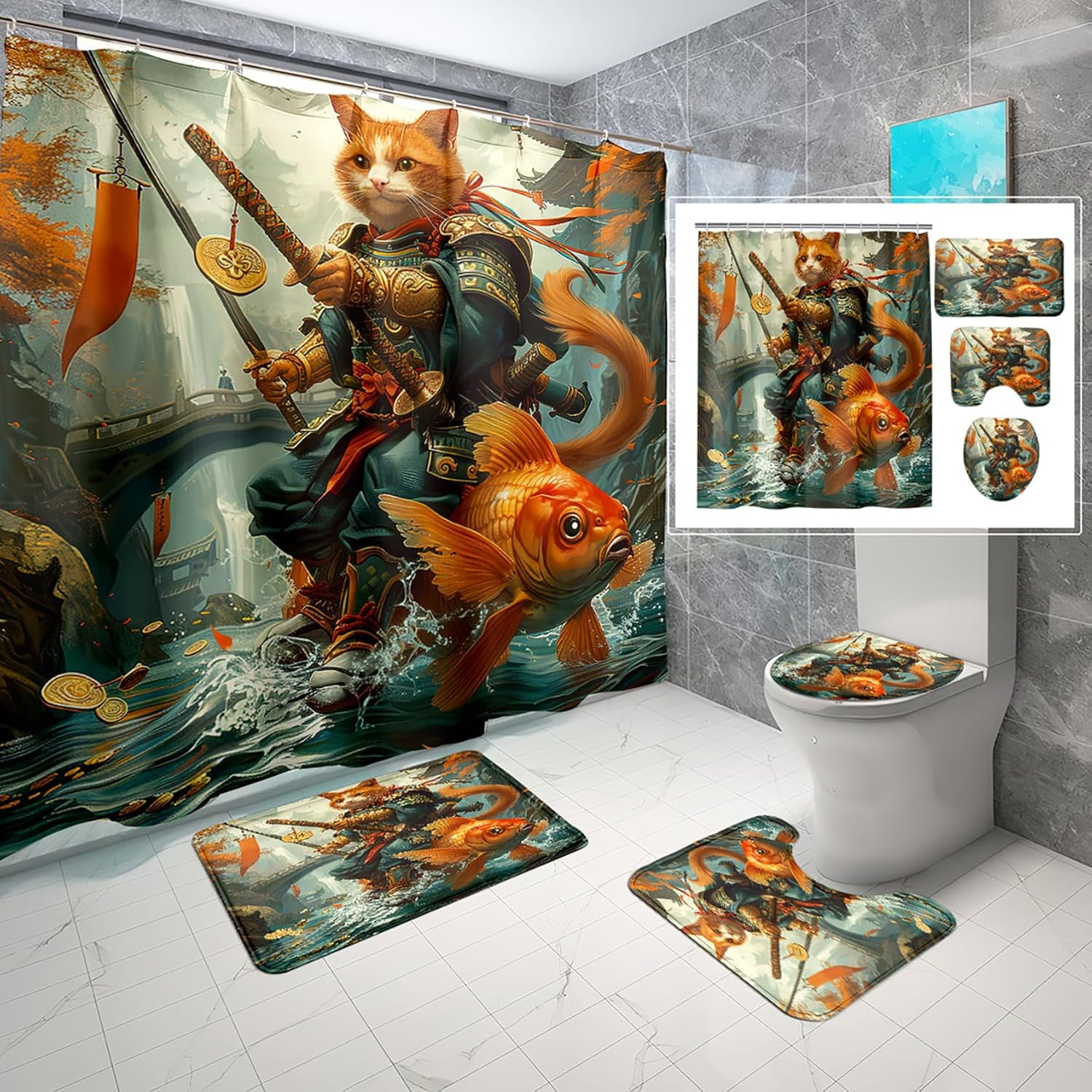 4 Pcs Cat Shower Curtain Set - Funny Cat Riding Bird Shower Curtain ...