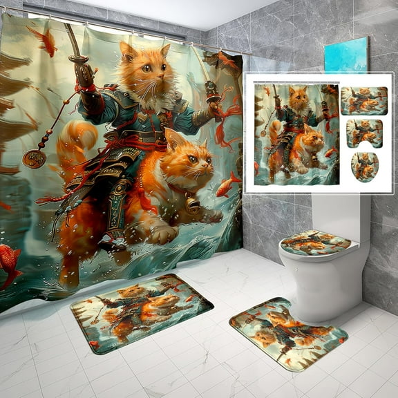 4 Pcs Cat Shower Curtain Set - Funny Cat Riding Bird Shower Curtain Kids Bathroom, Cute Cat Bathroom Set Animal Theme Girls Shower Curtain with Rug, Toilet Cover and Bath Mat with 12 Hooks