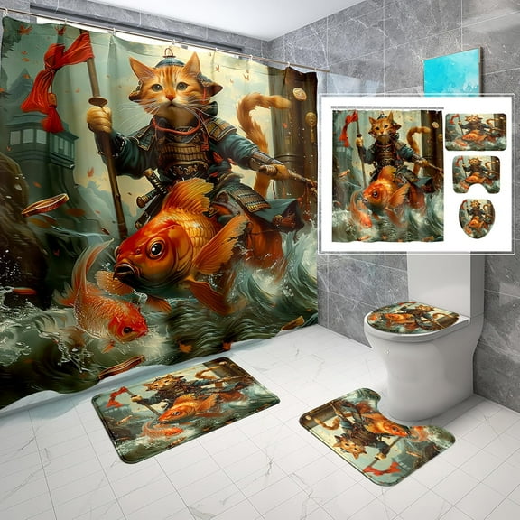 4 Pcs Cat Shower Curtain Set - Funny Cat Riding Bird Shower Curtain Kids Bathroom, Cute Cat Bathroom Set Animal Theme Girls Shower Curtain with Rug, Toilet Cover and Bath Mat with 12 Hooks