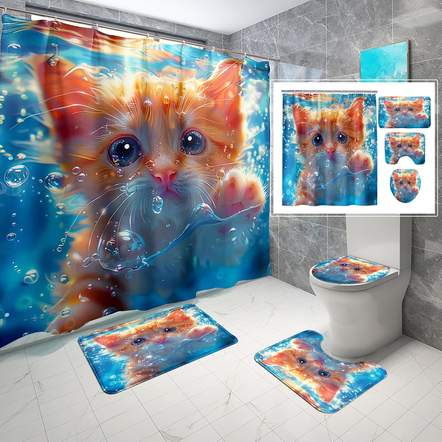 4 Pcs Cat Shower Curtain Set - Funny Cat Riding Bird Shower Curtain ...