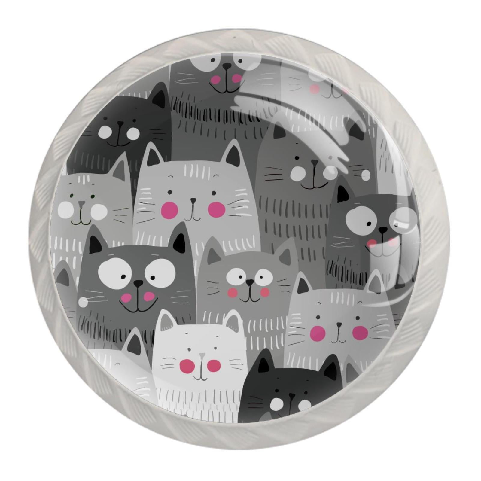4 Pcs Cats Grey Kitty Knobs for Kitchen Cabinet Cupboard Dresser Bookcase Drawer Pulls Handles Round Home Decor