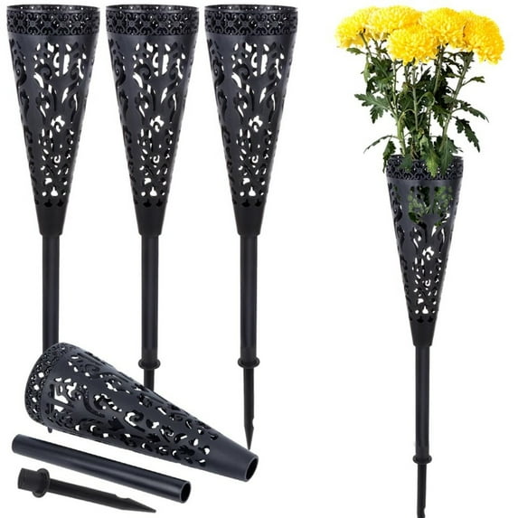 4 Pcs Cemetery Flower Basket Tall Column Memorial Vase with Large Drainage Holes for Outdoor Tombstone Decor Grave Site Remembrance Black
