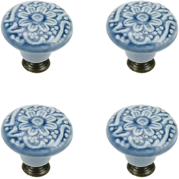 4 Pcs Ceramic Cabinet Kitchen Knobs Handles Vintage Round Single Hole Knobs for Drawer Cupboard Closet, with Mounting Screws, Blue
