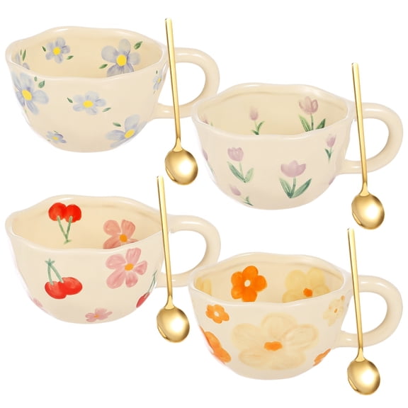 4 Pcs Ceramic Coffee Mugs, Cute Flower Mugs with Spoons, 8.5oz Irregular Porcelain Tea Cups, Aesthetic Floral Mugs with Handles, Creative Ceramic Milk Cups for Home, Office